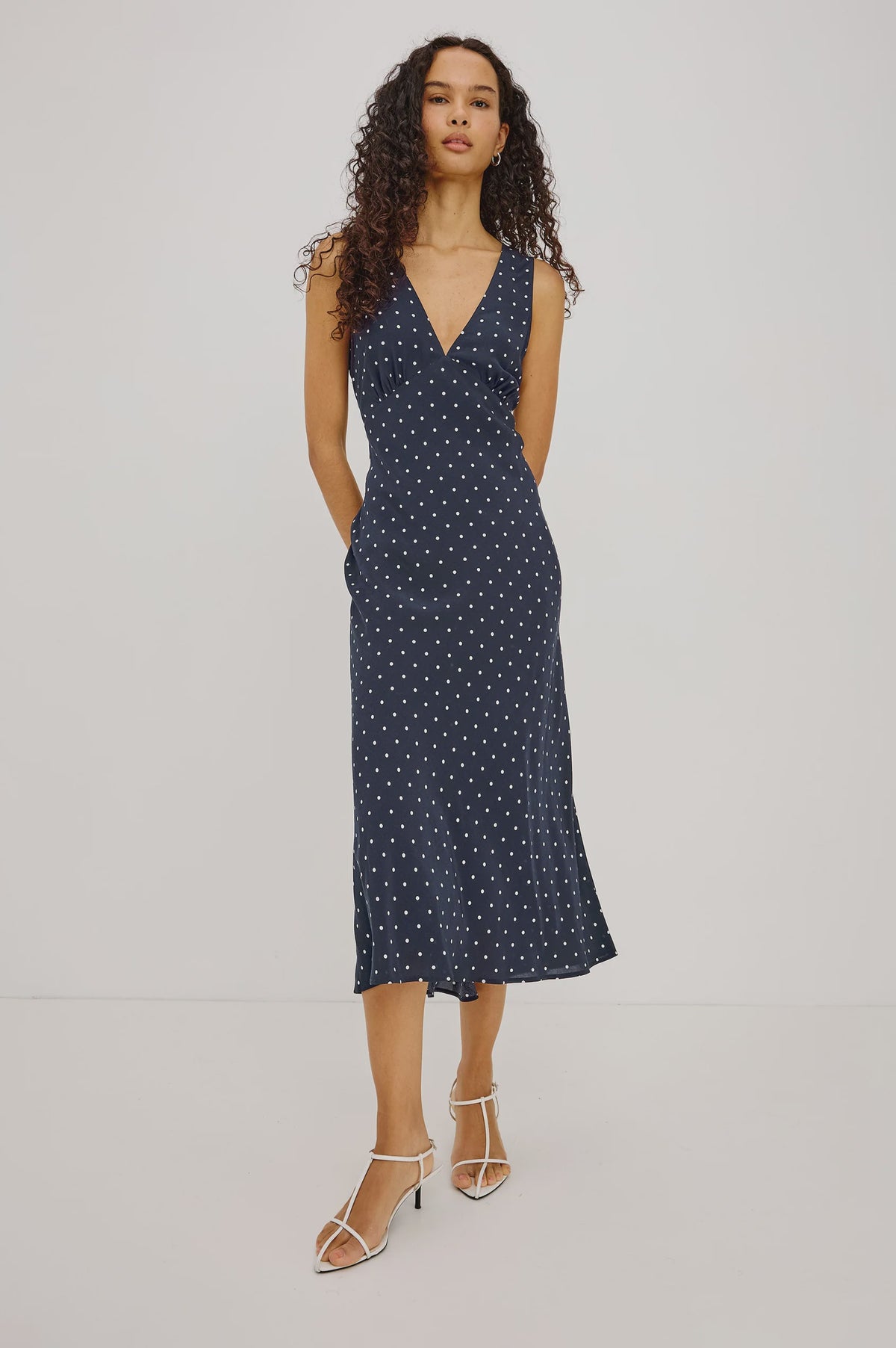 Audrina Dress in Navy Polka Dots