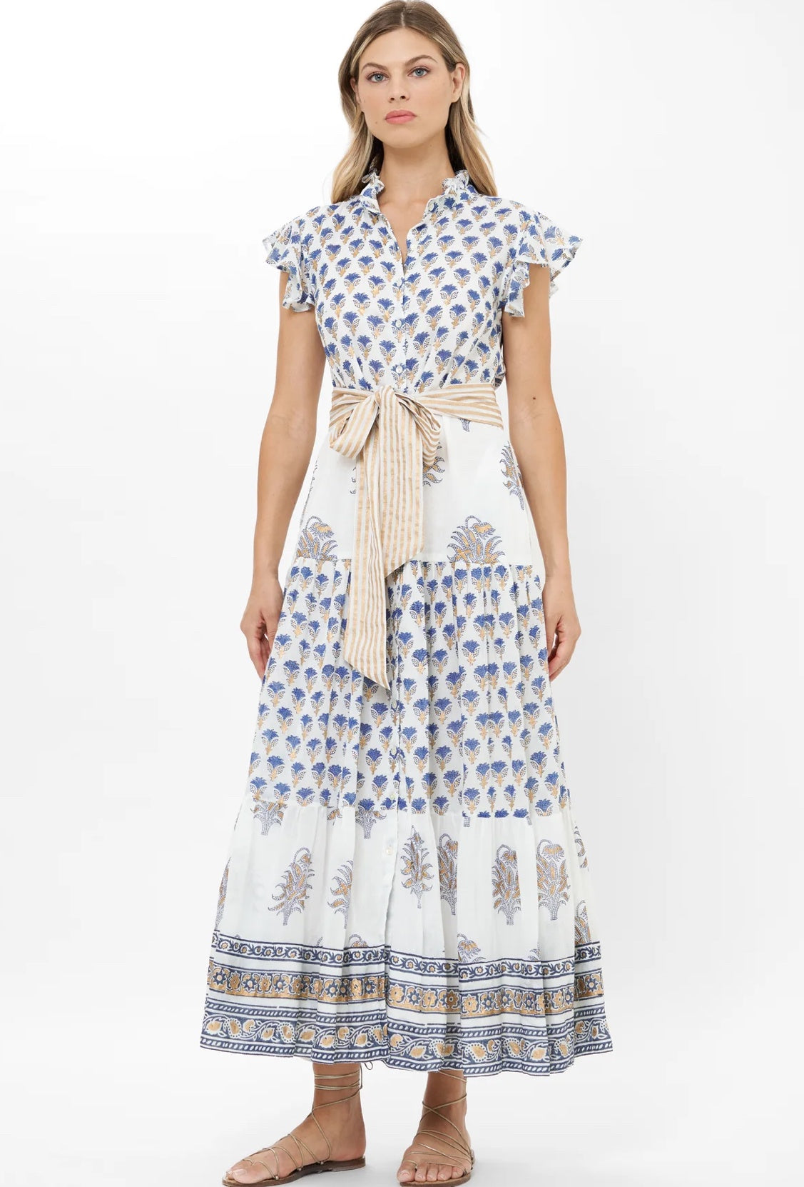 Ruffle Collar Button Maxi in Lotus Navy