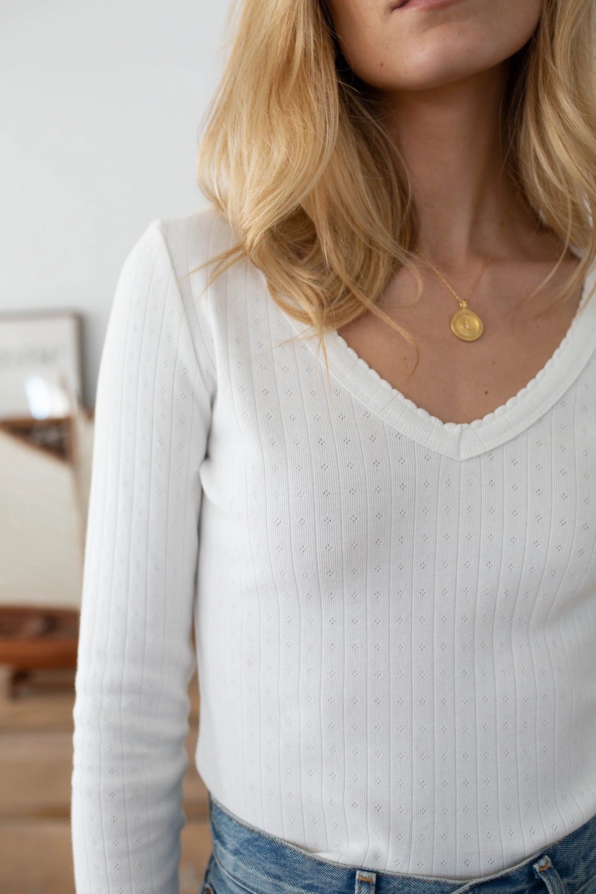 Pointelle Long Sleeve Vneck