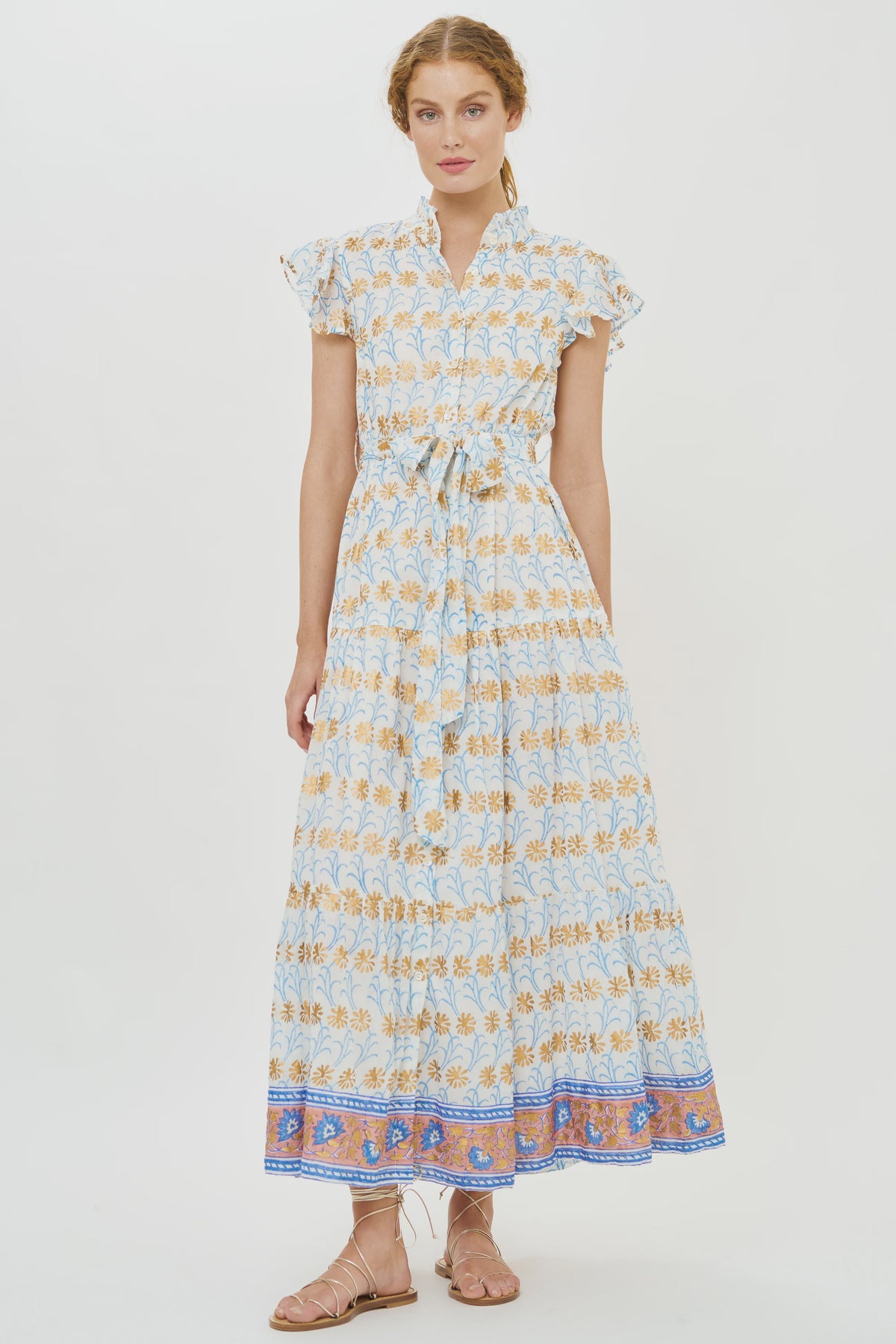 Ruffle Collar Button Maxi in Geneva Blue