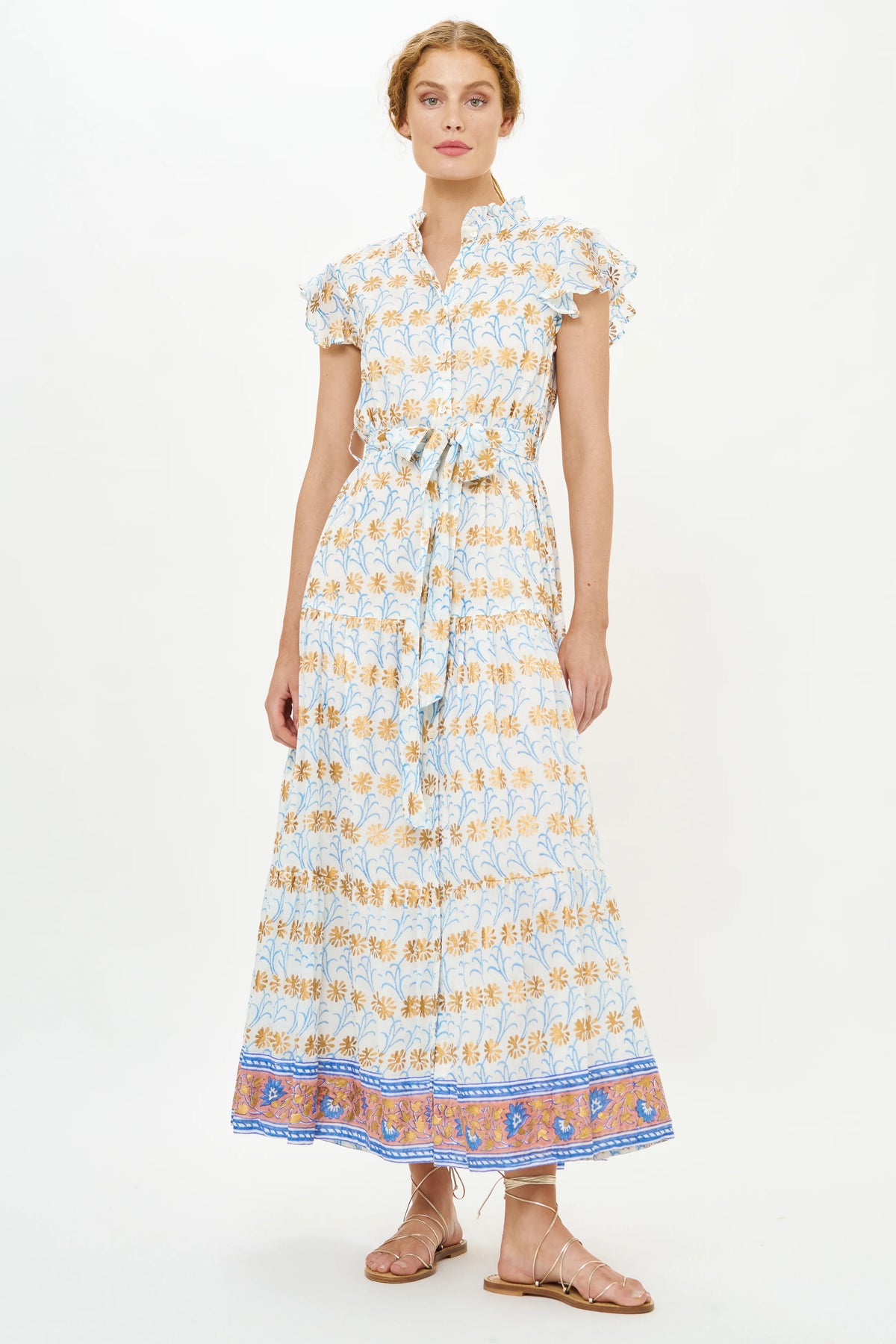 Ruffle Collar Button Maxi in Geneva Blue