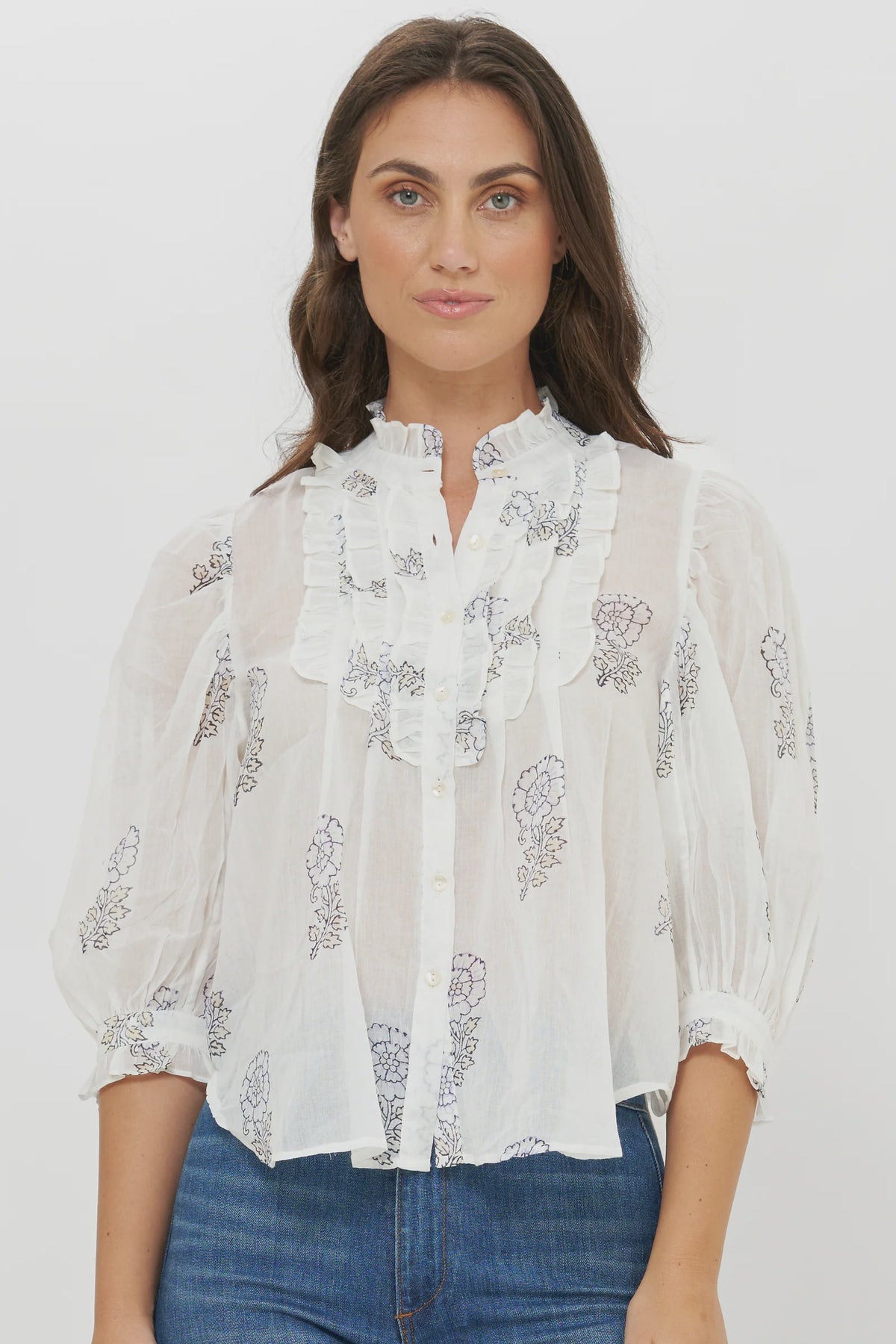 Ruffle Front Button Blouse in Leela Sky