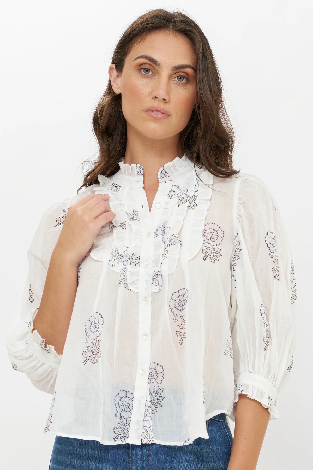 Ruffle Front Button Blouse in Leela Sky
