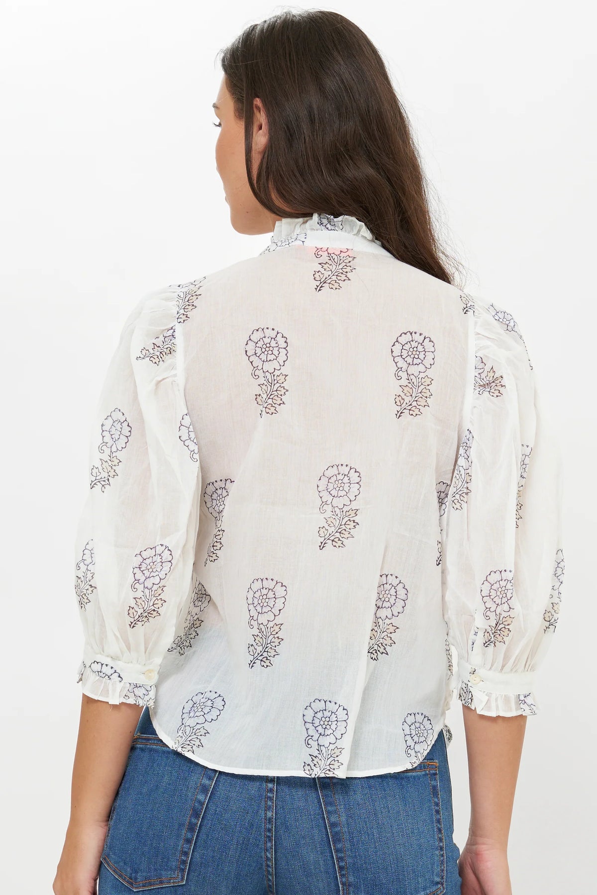 Ruffle Front Button Blouse in Leela Sky