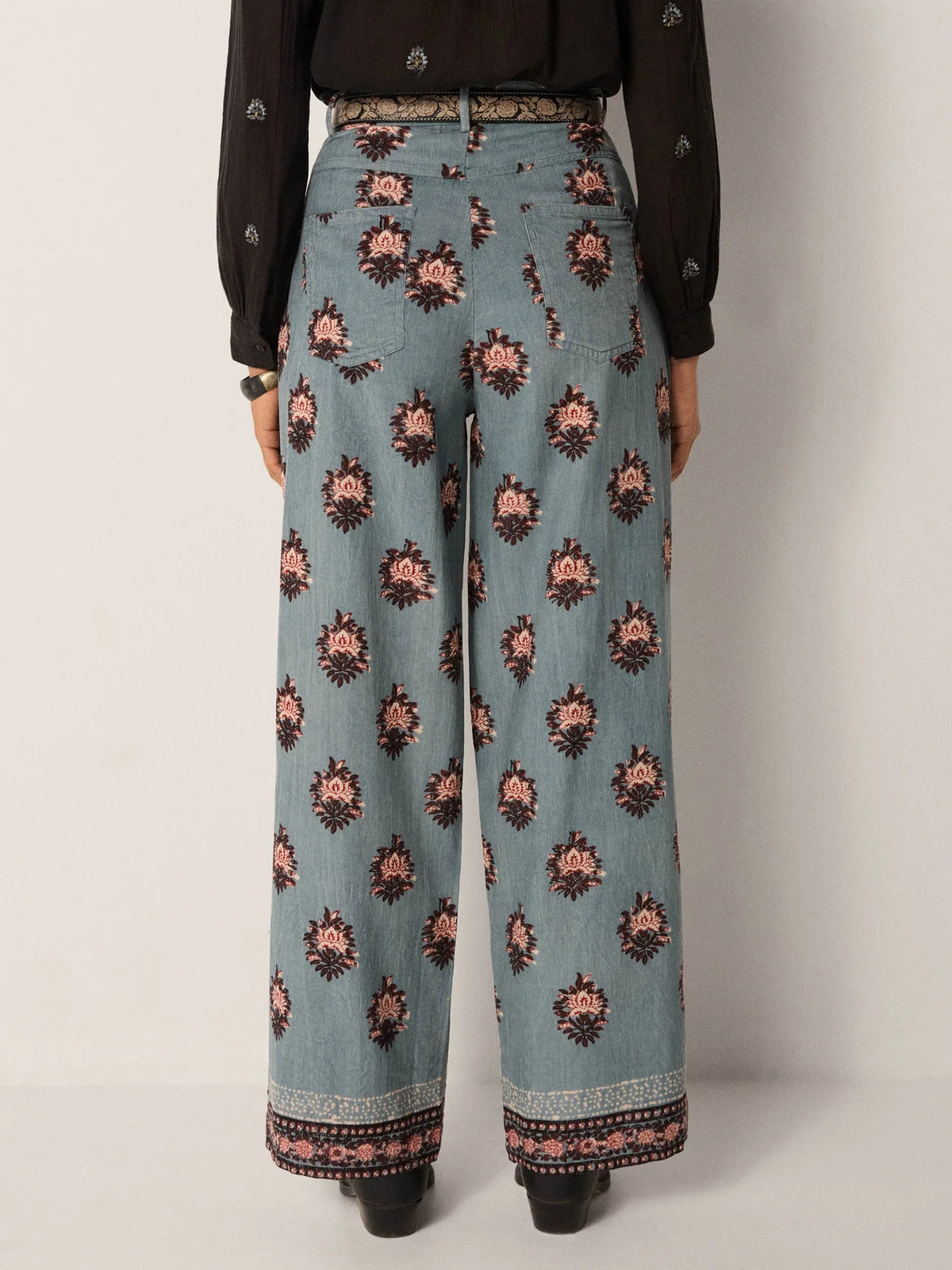 back view of Maison Hotel printed corduroy Maison Hotel Jimmy Pant in Waterlillies Cerulean Mist available at waterlilyshop