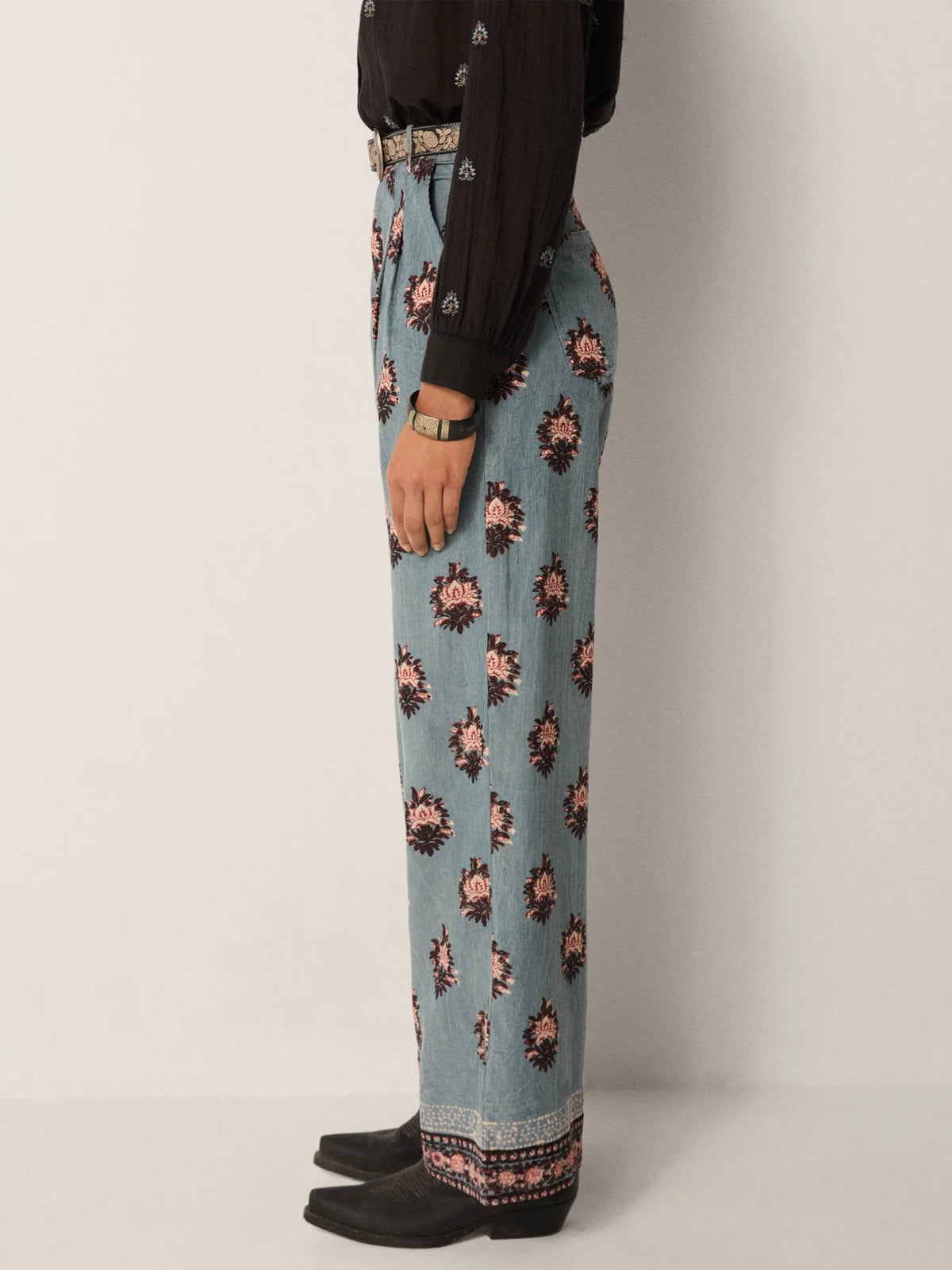 Maison Hotel printed corduroy Maison Maison Hotel Jimmy Pant in Waterlillies Cerulean Mist available at waterlilyshop