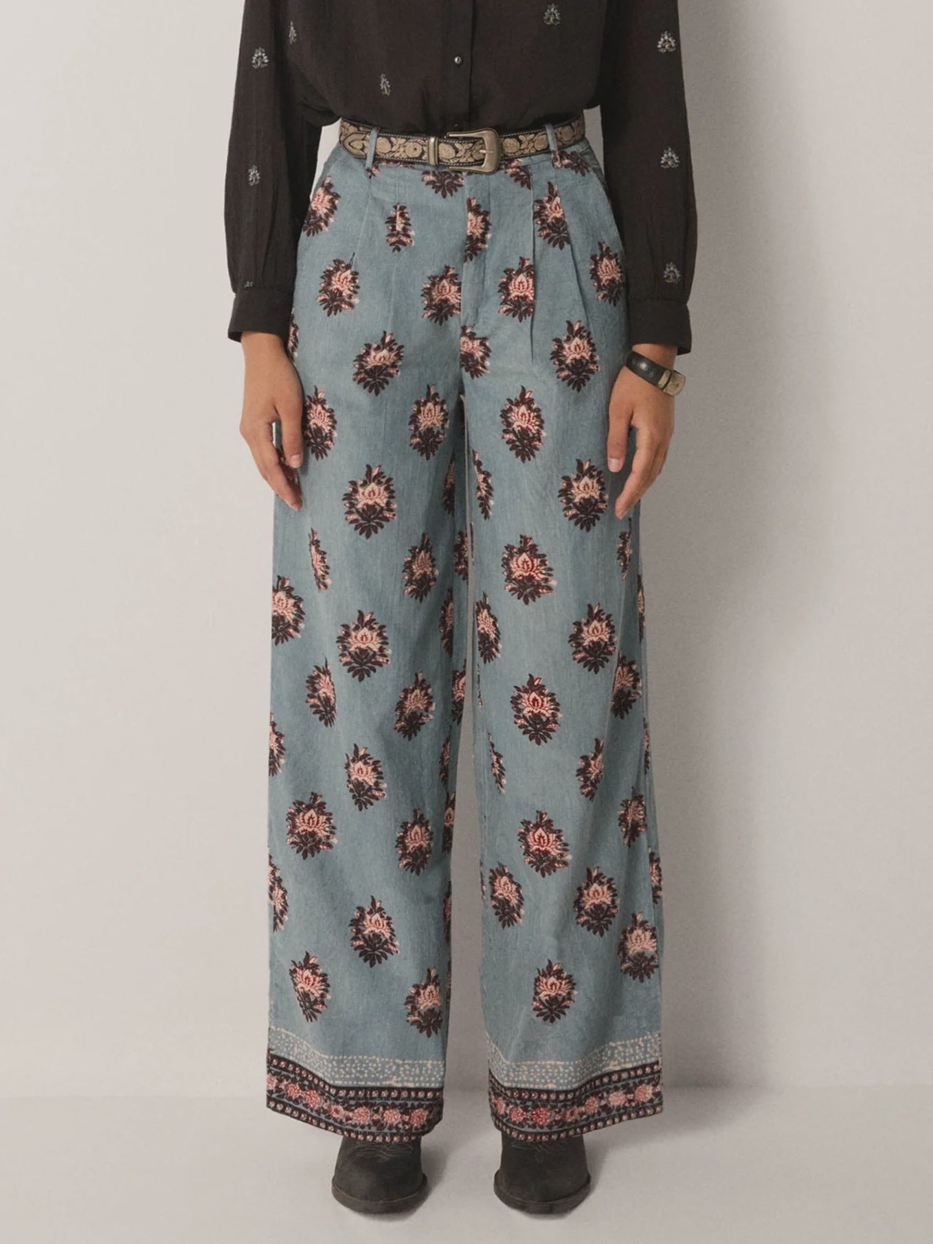 Maison Hotel printed corduroy Jimmy Pant in Waterlillies Cerulean Mist available at waterlilyshop