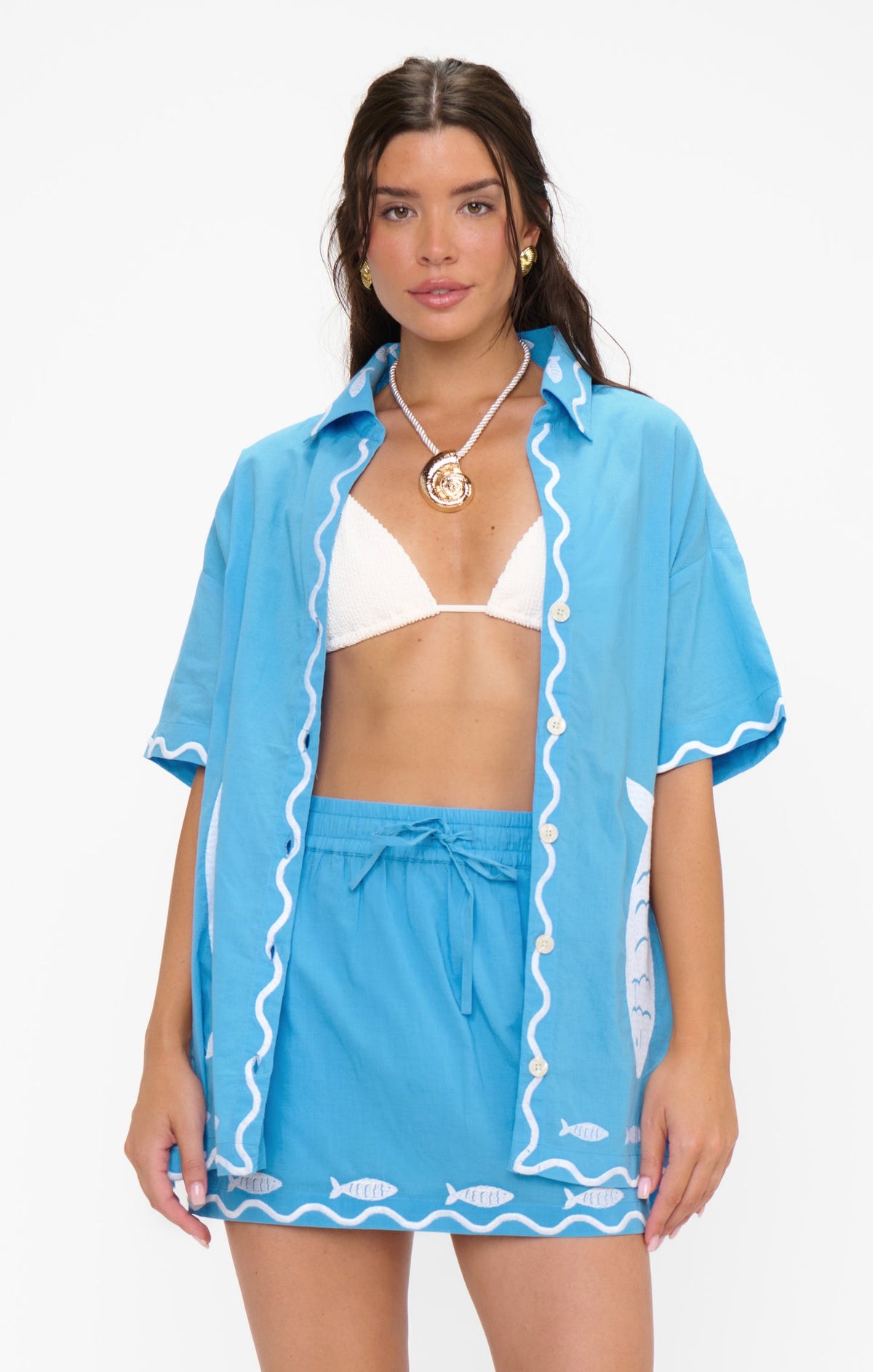 Show Me Your Mumu Bay Street Skirt in Blue Fish Embroidery