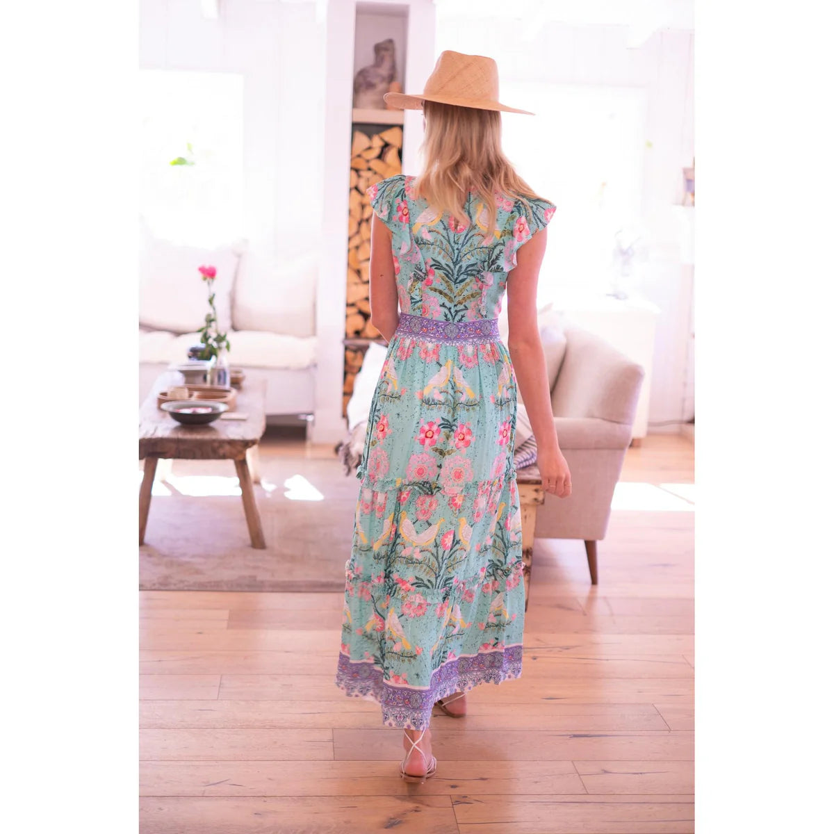 Chloe Maxi Dress in Green Pink Bird Print Chloe Maxi Dress in Green Pink Bird Print