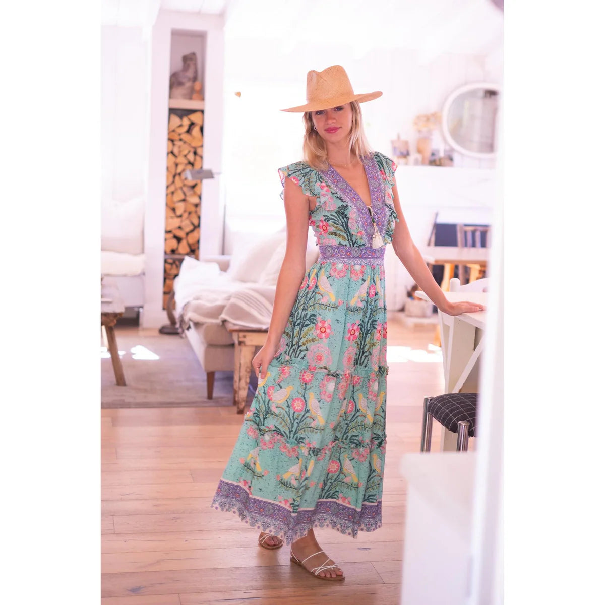 Chloe Maxi Dress in Green Pink Bird Print Chloe Maxi Dress in Green Pink Bird Print