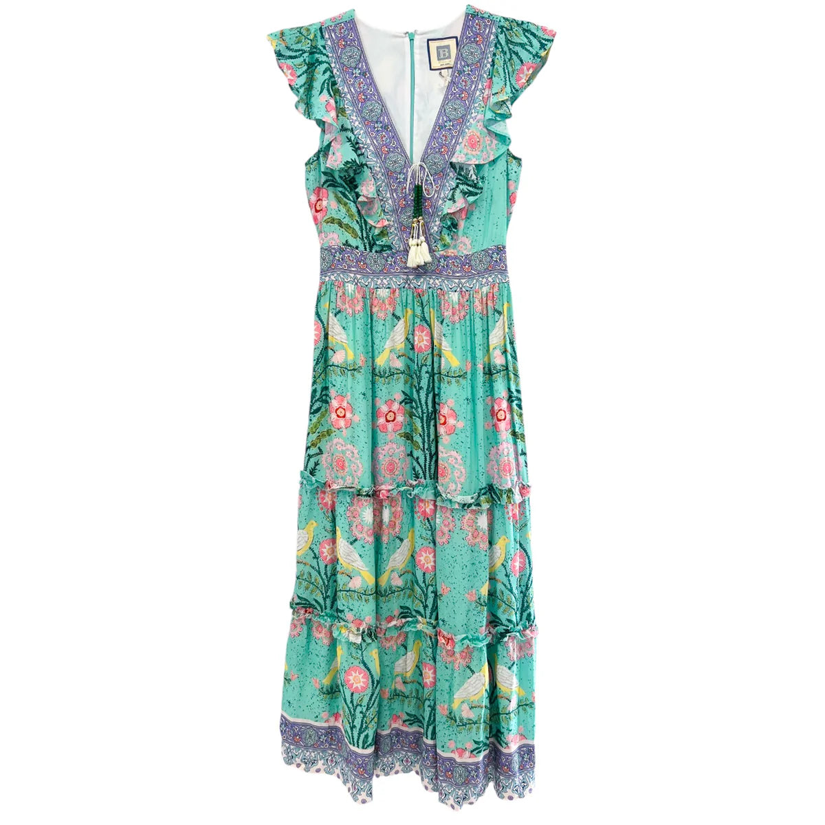 Chloe Maxi Dress in Green Pink Bird Print - waterlilyshop Chloe Maxi Dress in Green Pink Bird Print - waterlilyshop
