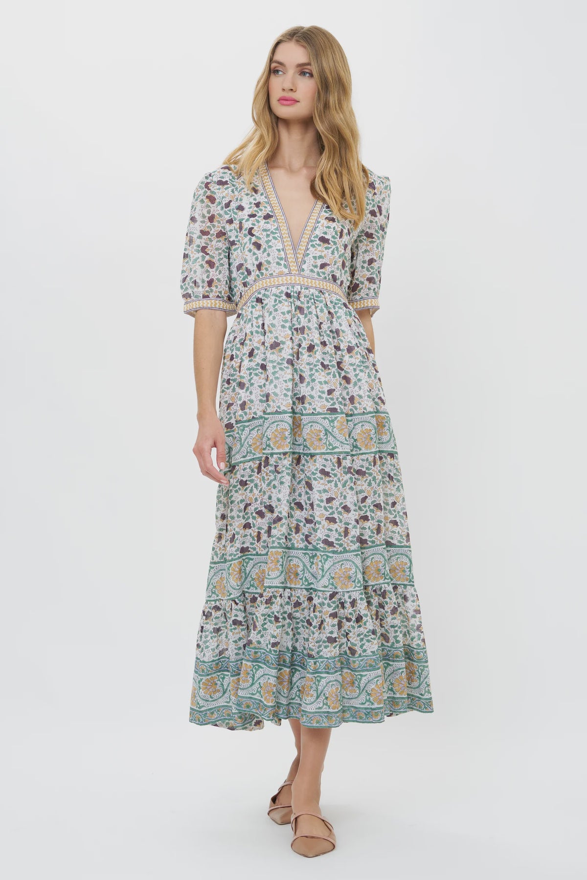 V Neck Cuffed Maxi Dress in Cotswald