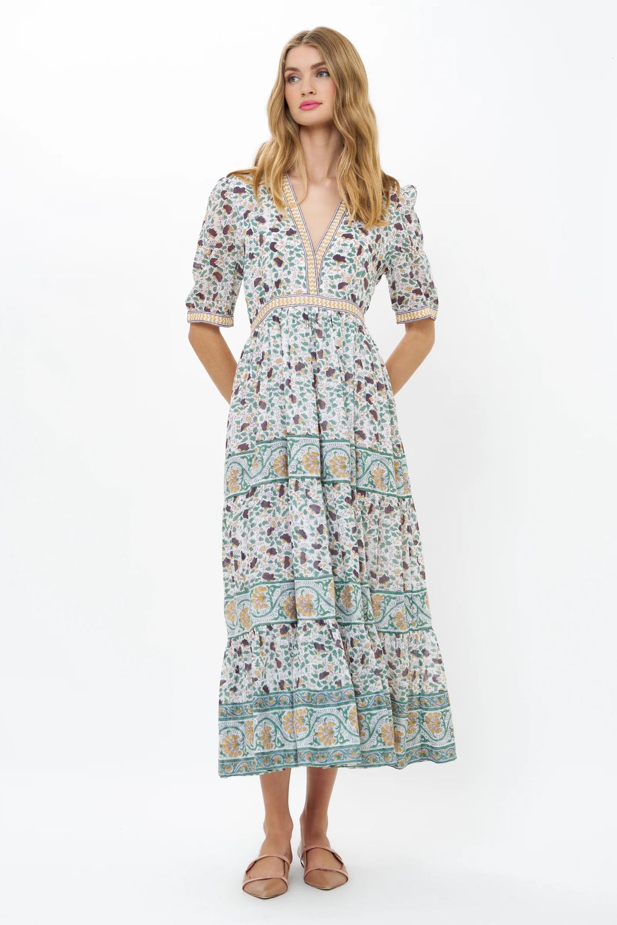 V Neck Cuffed Maxi Dress in Cotswald