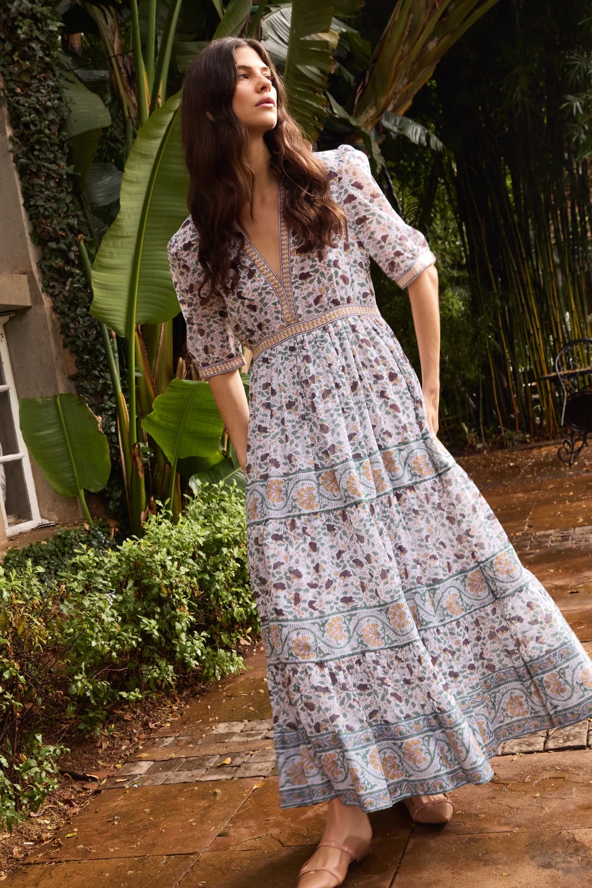 V Neck Cuffed Maxi Dress in Cotswald