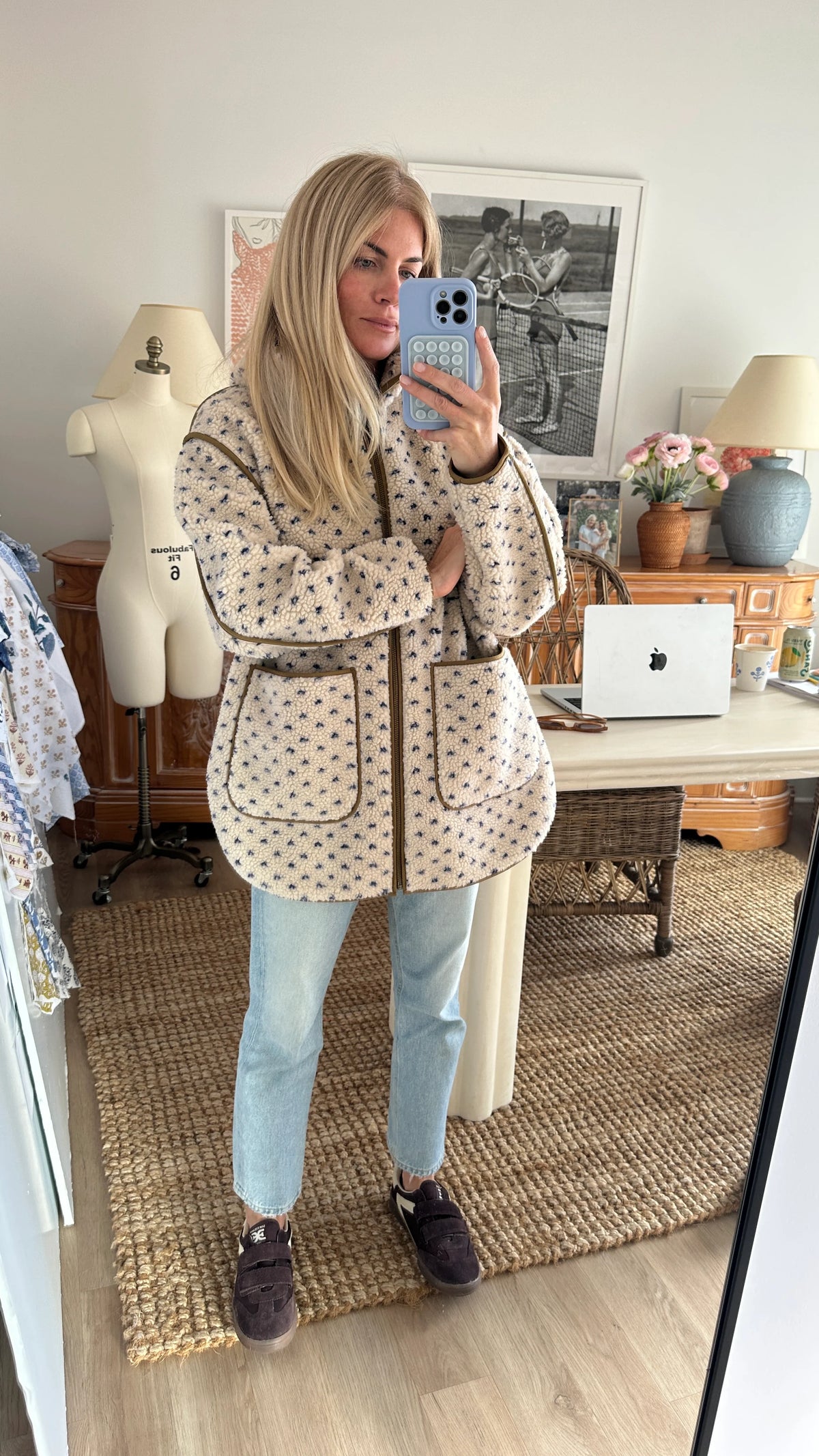 Hooded Sherpa Jacket in Ivory/Blue